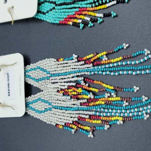 NWT Handmade Diamond Aztec Seedbead Tassel Dangle Earrings Plated 2 Choices - Picture 9 of 10